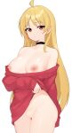  1girl absurdres ahoge blonde_hair bocchi_the_rock! breasts choker clothes_lift highres ijichi_seika large_breasts long_hair looking_at_viewer moursho naked_sweater nipples pussy red_eyes solo sweater sweater_lift uncensored 