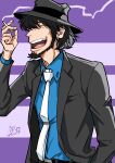  1boy beard belt between_fingers black_belt black_hair black_headwear black_jacket blue_shirt chipped_tooth cigarette closed_eyes collared_shirt facial_hair fedora fingernails hair_over_one_eye hand_in_pocket hat highres holding jacket jigen_daisuke knuckle_hair laughing long_sideburns lupin_iii male_focus michio_(hara78994098) necktie open_mouth purple_background shirt short_hair sideburns signature smoke smoking solo teeth upper_body upper_teeth_only white_necktie 