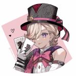  1boy androgynous black_headwear blonde_hair braid card genshin_impact hat heart holding holding_card lyney_(genshin_impact) multicolored_background multicolored_hair one_eye_closed pink_background pink_hair playing_card purple_eyes riane_cotton short_hair solo teardrop_facial_mark tongue tongue_out top_hat twitter_username white_background 