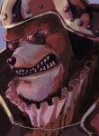  1boy 2756o45i collar dog_boy frilled_collar frills helmet inuarashi_(one_piece) looking_at_viewer male_focus one_piece open_mouth scar scar_on_face sharp_teeth solo sunglasses teeth v-shaped_eyebrows 