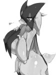 absurd_res anthro big_breasts breasts female fur generation_9_pokemon hi_res huge_breasts menyang meowscarada monochrome nintendo nipple_outline pokemon pokemon_(species) solo thick_thighs 