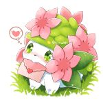  aimi_(aimia492) artist_name blush commentary_request envelope flower full_body grass green_eyes heart looking_at_viewer love_letter mouth_hold no_humans pink_flower pokemon pokemon_(creature) raised_eyebrows shaymin shaymin_(land) simple_background solo spoken_heart thought_bubble twitter_username white_background 