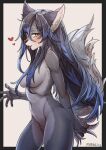  &lt;3 2023 anthro ayabemiso blush breasts canid canine canis convenient_censorship digital_media_(artwork) female female_anthro fur hair hair_covering_breasts half-closed_eyes hi_res kemono long_hair looking_at_viewer mammal multicolored_body multicolored_fur multicolored_hair narrowed_eyes nude solo tail tongue tongue_out wolf 