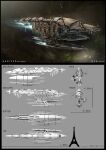  3d amarr_empire_(eve_online) commentary concept_art copyright_name eiffel_tower eve_online flying framed glowing highres machinery meganerid military military_vehicle multiple_views nebula no_humans original outdoors realistic reference_sheet science_fiction size_comparison sky space spacecraft star_(sky) starry_sky thrusters tower vehicle_focus 