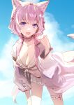  1girl animal_ears blue_sky breasts cleavage cloud cloudy_sky day hakui_koyori highres hololive large_breasts looking_at_viewer open_mouth pink_hair pink_tail sky smile solo tail virtual_youtuber wolf_ears wolf_girl wolf_tail yami_ara 