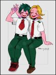  2boys ^_^ absurdres alternate_skin_color anna_(aannnaa3) aoyama_yuuga arm_up belt belt_buckle black_belt blonde_hair blush boku_no_hero_academia brown_footwear buckle closed_eyes collared_shirt colored_skin cross-laced_footwear english_text facing_viewer freckles full_body green_hair green_pants grey_background hand_rest highres invisible_chair leaning_to_the_side male_focus midoriya_izuku multiple_boys multiple_scars necktie open_mouth outside_border pants parted_bangs pink_skin red_footwear red_necktie round_teeth scar scar_on_arm scar_on_hand school_uniform shirt shoes short_hair short_sleeves sitting smile sneakers spoilers summer_uniform teeth twitter_username u.a._school_uniform upper_teeth_only v white_shirt 