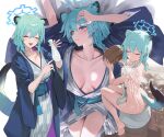  1girl animal_ears bathing blue_archive blue_hair blush breasts bucket cleavage closed_eyes collarbone grey_kimono halo highres hood_(james_x) japanese_clothes kimono large_breasts long_sleeves looking_at_viewer multiple_views nude open_mouth purple_eyes sash shigure_(blue_archive) shigure_(hot_spring)_(blue_archive) short_hair sitting smile tail water weasel_ears wet wide_sleeves 