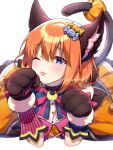  1girl :3 :p alternate_costume animal_ear_fluff animal_ears animal_hands black_tail blue_eyes blush candy_hair_ornament cat_ears cat_tail closed_mouth commentary eyelashes fake_animal_ears food-themed_hair_ornament gloves go-toubun_no_hanayome hair_between_eyes hair_ornament halloween_costume hands_up head_tilt highres looking_at_viewer lying medium_hair nakano_yotsuba on_stomach one_eye_closed orange_hair orange_skirt paw_gloves pumpkin shirt simple_background skirt smile solo straight-on symbol-only_commentary tail tongue tongue_out twitter_username white_background white_shirt yu_(flowerbird3830) 