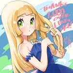  1girl adjusting_hair armlet blonde_hair blue_dress blunt_bangs cosplay dress eyelashes flower green_eyes hands_up highres kinocopro lillie_(pokemon) long_hair looking_at_viewer milestone_celebration parted_lips pokemon pokemon_(game) pokemon_masters_ex pokemon_sm serena_(champion)_(pokemon) serena_(pokemon) serena_(pokemon)_(cosplay) solo thank_you upper_body 