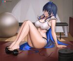  1girl artist_name ass bare_legs bare_shoulders barefoot blue_eyes blue_hair blunt_bangs blush breasts cleavage collarbone colored_inner_hair covered_nipples feet greatodoggo hair_intakes highres hololive hololive_english large_breasts legs long_hair looking_at_viewer multicolored_hair ouro_kronii patreon_logo patreon_username smile solo toenails toes twitter_logo twitter_username virtual_youtuber 