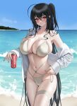  1girl absurdres ahoge azur_lane beach bikini black_hair blush breasts can closed_mouth coca-cola collarbone crossed_bangs day fujioni hair_between_eyes highres holding holding_can horizon huge_breasts long_hair long_sleeves looking_at_viewer navel ocean official_alternate_costume one_side_up outdoors red_eyes shirt side-tie_bikini_bottom single_bare_shoulder skindentation soda_can solo standing swimsuit taihou_(azur_lane) taihou_(seaside_daydreams)_(azur_lane) thigh_strap thighs very_long_hair water wet wet_clothes wet_swimsuit white_bikini white_shirt 