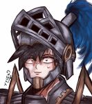  1boy armor cosplay helmet highres knight komi-san_wa_komyushou_desu looking_at_viewer original plate_armor plume scar short_hair smile solo sweatdrop tadano_hitohito yyiek? 