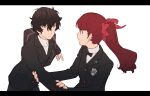  1boy 1girl amamiya_ren bag black_bag black_bow black_bowtie black_eyes black_hair black_jacket blush bow bowtie buttons closed_mouth commentary_request eye_contact hair_bow highres jacket letterboxed long_hair long_sleeves looking_at_another persona persona_5 persona_5_the_royal ponytail red_eyes red_hair school_bag school_uniform shirt short_hair shuujin_academy_school_uniform simple_background smile tsubsa_syaoin uniform white_background white_shirt yoshizawa_kasumi 