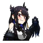  1girl animal bare_shoulders bird black_hair blush breasts colored_inner_hair crow ddolbang demon_horns highres holding holding_animal holding_bird hololive hololive_english horns large_breasts long_hair looking_at_viewer mole mole_under_eye multicolored_hair nerissa_ravencroft red_eyes shadow_(nerissa_ravencroft) shirt virtual_youtuber white_shirt 