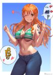  1girl ;p ? absurdres arrow_(symbol) bikini bikini_top_only blue_background blue_pants blush border breasts brown_eyes collarbone denim earrings gradient_hair hands_up heart highres jeans jewelry large_breasts long_hair looking_at_viewer money multicolored_hair nami_(one_piece) navel nelnel76121122 one_eye_closed one_piece orange_hair pants pearl_earrings prostitution shoulder_tattoo solo spoken_clothes spoken_heart spoken_money spoken_question_mark spoken_symbol stomach swimsuit tattoo tongue tongue_out twitter_username v wavy_hair white_border 
