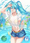  1girl ;d ball beachball bead_bracelet beads bikini bikini_under_clothes blue_eyes blue_hair blush bracelet breasts collarbone commentary_request cowboy_shot day denim denim_shorts flower food fruit groin hair_between_eyes hair_ribbon halterneck hand_up hatsune_miku highres holding holding_hose hose hydrangea inue_ao jewelry long_hair looking_at_viewer lower_teeth_only lowleg lowleg_shorts medium_breasts navel one_eye_closed open_mouth revision ribbon see-through see-through_shirt shirt short_shorts short_sleeves shorts sidelocks smile solo sparkle spraying standing string_bikini swimsuit t-shirt teeth tied_shirt twintails very_long_hair vocaloid wading wading_pool water watermelon white_ribbon white_shirt yellow_bikini 