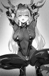  1girl azur_lane bodystocking breasts covered_navel greyscale highres horns large_breasts mechanical_horns mechanical_tail monochrome navel nipples regensburg_(azur_lane) solo squatting tail tentacles twintails yd_(orange_maru) 