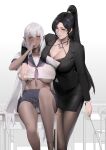  2girls absurdres alios_arvin black_bra black_hair black_jacket black_skirt blush bra breasts cleavage commentary dark-skinned_female dark_skin elf english_commentary feet_out_of_frame grabbing grabbing_another&#039;s_breast grey_hair hand_up highres holding jacket jewelry large_breasts long_hair long_sleeves mole mole_under_eye multiple_girls necklace original panties pantyhose parted_lips pleated_skirt pointy_ears ponytail purple_eyes shirt short_sleeves skirt smile thighs underwear white_panties white_shirt yuri 