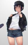  1girl absurdres backpack bag baseball_cap black_hair breasts denim denim_shorts em_(totsuzen_no_hakike) hat highres navel original penis short_hair shorts simple_background small_breasts 