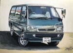  absurdres artist_name atelier_634 car dated green_car highres license_plate motor_vehicle no_humans original painting_(medium) reflection road shadow signature toyota toyota_hiace traditional_media vehicle_focus 