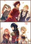 3boys 3girls alcryst_(fire_emblem) amber_(fire_emblem) armor ascot blonde_hair blue_hair cape citrinne_(fire_emblem) diamant_(fire_emblem) earrings feather_hair_ornament feathers fire_emblem fire_emblem_engage hair_ornament hairband high_collar highres jade_(fire_emblem) jewelry lapis_(fire_emblem) leaf_(esabacoo) long_hair long_sleeves looking_at_another looking_to_the_side multiple_boys multiple_girls pink_hair ponytail red_cape red_eyes red_hair shirt short_hair white_ascot yellow_eyes 