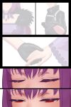  1boy 1girl bad_source black_gloves blush breasts closed_mouth fate/grand_order fate_(series) fujimaru_ritsuka_(male) gloves highres large_breasts long_hair lvl_(sentrythe2310) parted_lips purple_hair red_eyes scathach_(fate) scathach_skadi_(fate) smile 