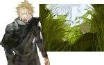  2boys alternate_costume alternate_universe arm_armor armor black_armor black_cape blonde_hair blood blood_on_face blood_on_hands blue_eyes borderless_panels bracer breastplate cape centaur cloud_strife colored_skin commentary day fantasy final_fantasy final_fantasy_vii foliage grass highres knight light_smile long_hair lying male_focus multiple_boys multiple_views nipples on_grass outdoors parted_lips sephiroth short_hair smile spiked_hair standing symbol-only_commentary tall_grass taur topless_male unicorn white_hair white_skin xscr1205 