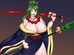  bracelet breasts curvy emma_pressure green_hair highres japanese_clothes jewelry kimono large_breasts leg_tattoo mature_female necklace original pearl_necklace polearm print_kimono shoulder_tattoo spear sword tattoo weapon yellow_eyes yukata 