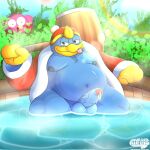  anthro avian balls bathing beak belly bird blep blue_body blue_eyes blue_feathers blush bodily_fluids clothing crown erection feathers foreskin genital_fluids genitals gloves hammer handwear headgear hi_res hot_tub king_dedede kirby kirby_(series) male moobs murderdroid_(artist) navel nintendo nipples overweight penguin penis precum robe tongue tongue_out tools 