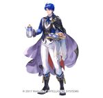  1boy ascot black_footwear black_vest blue_ascot blue_eyes blue_hair blue_jacket boots cape checkerboard_cookie commentary_request cookie cup fire_emblem fire_emblem:_genealogy_of_the_holy_war fire_emblem_heroes food full_body holding holding_teapot holding_tray jacket long_sleeves looking_at_viewer male_focus official_alternate_costume official_art pants short_hair sigurd_(fire_emblem) simple_background smile solo standing suzuki_rika teacup teapot tray vest white_background white_pants 