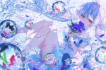  1girl bare_shoulders blue_flower blue_hair bubble choker closed_mouth commentary dress expressionless fish flower frilled_choker frilled_dress frills hair_between_eyes hair_intakes harui_(hr_x9_) highres holding holding_flower knees_together_feet_apart knees_up koi long_hair off-shoulder_dress off_shoulder original red_eyes rose short_dress symbol-only_commentary thighs twintails underwater white_dress white_flower white_rose 