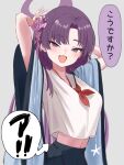  1girl adjusting_hair arms_up black_skirt blue_archive blush breasts collarbone fang flower hair_flower hair_ornament halo hanten_(clothes) highres kamiyamatokino looking_at_viewer medium_breasts midriff_peek navel neckerchief pleated_skirt purple_eyes purple_hair red_neckerchief school_uniform serafuku shirt simple_background skin_fang skirt smile solo speech_bubble white_shirt yukari_(blue_archive) 