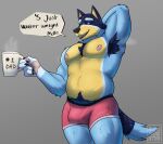  2023 anthro armpit_hair australian_cattle_dog bandit_heeler belly beverage biceps big_bulge bluey_(series) body_hair briefs bulge canid canine canis cattledog chest_hair chubby_anthro chubby_male claws clothed clothing coffee coffee_mug dialogue diamobster domestic_dog english_text eyebrows fur grey_background hand_behind_head happy_trail herding_dog hi_res holding_beverage holding_mug holding_object love_handles male mammal mature_anthro mature_male mug musclegut muscular muscular_anthro muscular_male musk narrowed_eyes navel nipples number pastoral_dog pawpads pecs pubes simple_background smile solo standing steam text text_on_mug topless topless_anthro topless_male tuft underwear watermark 
