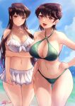  2girls absurdres bikini bikini_skirt blue_sky breasts cleavage cloud cowboy_shot criss-cross_halter day frilled_bikini frills green_bikini halterneck hand_on_own_hip highres komi-san_wa_komyushou_desu komi_shouko komi_shuuko large_breasts long_hair looking_at_viewer mother_and_daughter multiple_girls outdoors short_hair sky swimsuit white_bikini zee_n3 