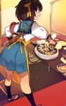  1girl apron ass black_socks blue_sailor_collar blue_skirt bow breasts brown_eyes brown_hair chair chopsticks cooking dumpling food foot_out_of_frame from_behind hair_between_eyes hair_bow hairband hand_on_own_hip highres holding holding_chopsticks indoors jiaozi kneepits kuroi_moyamoya looking_at_viewer looking_back medium_hair open_mouth profile red_armband sailor_collar school_uniform shirt skirt sleeves_past_elbows small_breasts smile socks solo standing steam straight_hair suzumiya_haruhi suzumiya_haruhi_no_yuuutsu sweatdrop table tray white_footwear white_shirt yellow_apron yellow_bow yellow_hairband 