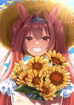  1girl absurdres animal_ears blush bouquet brown_hair cloud daiwa_scarlet_(umamusume) day dress endo_(endoooo_uma) flower grin hair_intakes hat highres holding holding_bouquet horse_ears long_hair looking_at_viewer outdoors red_eyes smile solo straw_hat sunflower sunlight tiara twintails umamusume upper_body white_dress 