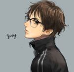  1boy beautiful_gunbari black_jacket brown_eyes brown_hair character_request glasses grey_background jacket male_focus pyojunbe short_hair simple_background solo track_jacket upper_body zipper 