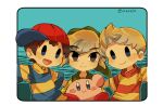  4boys artist_name blue_eyes closed_mouth company_connection green_shirt kirby kirby_(series) kirby_64 link looking_at_viewer lucas_(mother_3) mother_(game) mother_2 mother_3 multiple_boys ness_(mother_2) open_mouth pointy_ears shirt short_hair simple_background smile super_smash_bros. the_legend_of_zelda the_legend_of_zelda:_the_wind_waker tokuura toon_link 