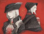  2girls ascot black_headwear blonde_hair blood blood_on_clothes bloodborne blue_eyes brooch dress driftwoodwolf expressionless hair_ribbon hat hat_feather jewelry lady_maria_of_the_astral_clocktower lips long_hair multiple_girls multiple_views plain_doll ponytail rakuyo_(bloodborne) red_background ribbon short_hair tricorne upper_body white_ascot 