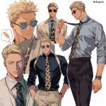  1boy animal_print black_pants blonde_hair blue_eyes blue_shirt bread collared_shirt deltapork food grey_suit hand_in_pocket jujutsu_kaisen leopard_print looking_at_viewer male_focus nanami_kento necktie pants shirt short_hair solo standing suit sunglasses suspenders thought_bubble undercut watch wristwatch 