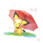  animal_focus closed_mouth dated dot_nose ham_umiko happy holding holding_umbrella no_humans painting_(medium) pichu pokemon pokemon_(creature) rain red_umbrella signature smile solo traditional_media twitter_username umbrella watercolor_(medium) 