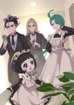 2boys 2girls adjusting_clothes adjusting_necktie ahoge alternate_costume apron black_dress black_gloves black_hair black_necktie blonde_hair bright_pupils buttons ceiling cellphone collared_shirt commentary_request dress enmaided frills gloves green_hair hand_up hassel_(pokemon) holding holding_phone indoors jacket larry_(pokemon) long_hair maid maid_headdress mizuiro123 multiple_boys multiple_girls necktie parted_bangs phone pokemon pokemon_(game) pokemon_sv poppy_(pokemon) red_eyes rika_(pokemon) shirt vest white_apron white_pupils 