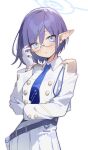  1girl :o aoi_(blue_archive) belt bespectacled blue_archive blue_necktie blush breasts earclip glasses gloves hakasesuitchi halo highres jacket long_sleeves looking_at_viewer loose_belt medium_breasts mole mole_under_eye necktie pleated_skirt pointy_ears purple_hair rimless_eyewear simple_background skirt solo sweatdrop white_background white_gloves white_jacket white_skirt 