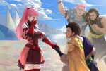 1girl 3boys ^_^ blush breasts brown_hair claude_von_riegan cleavage closed_eyes commission fire_emblem fire_emblem:_three_houses hand_grab hand_to_own_mouth hetero highres hilda_valentine_goneril holst_sigiswald_goneril kneeling large_breasts multiple_boys nader open_mouth pink_hair proposal ship twintails watercraft zoewingsz 