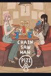  3girls black_hair braid braided_ponytail brown_hair chainsaw_man copyright_name cross_scar cup earrings fami_(chainsaw_man) female_child food hair_over_shoulder highres holding holding_food holding_pizza jewelry letterboxed long_hair looking_at_another multiple_girls nayuta_(chainsaw_man) pizza restaurant ringed_eyes scar scar_on_cheek scar_on_face short_hair sitting strapless takeuchi_ryousuke tassel tassel_earrings tube_top yoru_(chainsaw_man) 