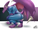  anthro bakameganekko blade bodysuit bubble_butt bulge butt claws clothing crouching grin male membrane_(anatomy) membranous_wings metroid nintendo purple_body purple_scales ridley scales scalie skinsuit smile solo space_dragon_(metroid) spikes tail_blade tight_clothing weapon_tail wings zero_suit 