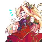  1girl blonde_hair clenched_hands dress flower flying_sweatdrops green_eyes hair_flower hair_ornament highres homriette kid_icarus kid_icarus_uprising long_hair open_mouth purple_flower red_dress solo v-shaped_eyebrows very_long_hair viridi 