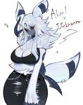  absol anthro breasts clothed clothing eeveelution female fur generation_2_pokemon generation_3_pokemon hair hi_res horn hybrid looking_at_viewer nintendo pokemon pokemon_(species) red_eyes simple_background solo tail togetoge umbreon white_body white_fur white_hair 