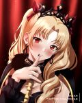  1girl asymmetrical_sleeves blonde_hair blush bodysuit bow breasts cape cloak closed_mouth collar crown curtains detached_collar detached_sleeves earrings ereshkigal_(fate) eyelashes fate/grand_order fate_(series) fingernails gold hair_bow hair_intakes hair_ornament hair_ribbon highres hood hooded_cape hoop_earrings jewelry long_hair medium_breasts neck_ring off_shoulder parted_bangs portrait profile_picture red_curtains red_eyes red_pupils red_ribbon ribbon selfie shy solo spine tiara twintails twitter_username uneven_sleeves xkzan 