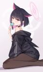  1girl animal_ears bare_shoulders black_hair black_jacket blue_archive blush brown_pantyhose choker colored_inner_hair extra_ears food hair_ornament hairclip halo hand_up highres holding holding_food hood hooded_jacket jacket kazusa_(blue_archive) kneeling long_sleeves looking_at_viewer looking_to_the_side macaron multicolored_hair no_shoes off_shoulder open_mouth pantyhose red_eyes short_hair sidelocks solo tongue yellowpaint. 